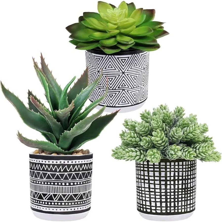 Desk decor artificial succulents set of 3, plastic pots with realistic green and beige faux plants for home or office use