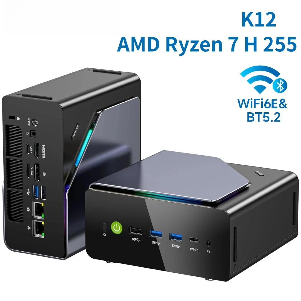 K12 Gaming Mini PC AMD Ryzen 7 H 255(Upgraded 8745HS) Desktop Mini Computers Radeon 780M WiFi 6E/BT5.2, USB-C,  Barebone