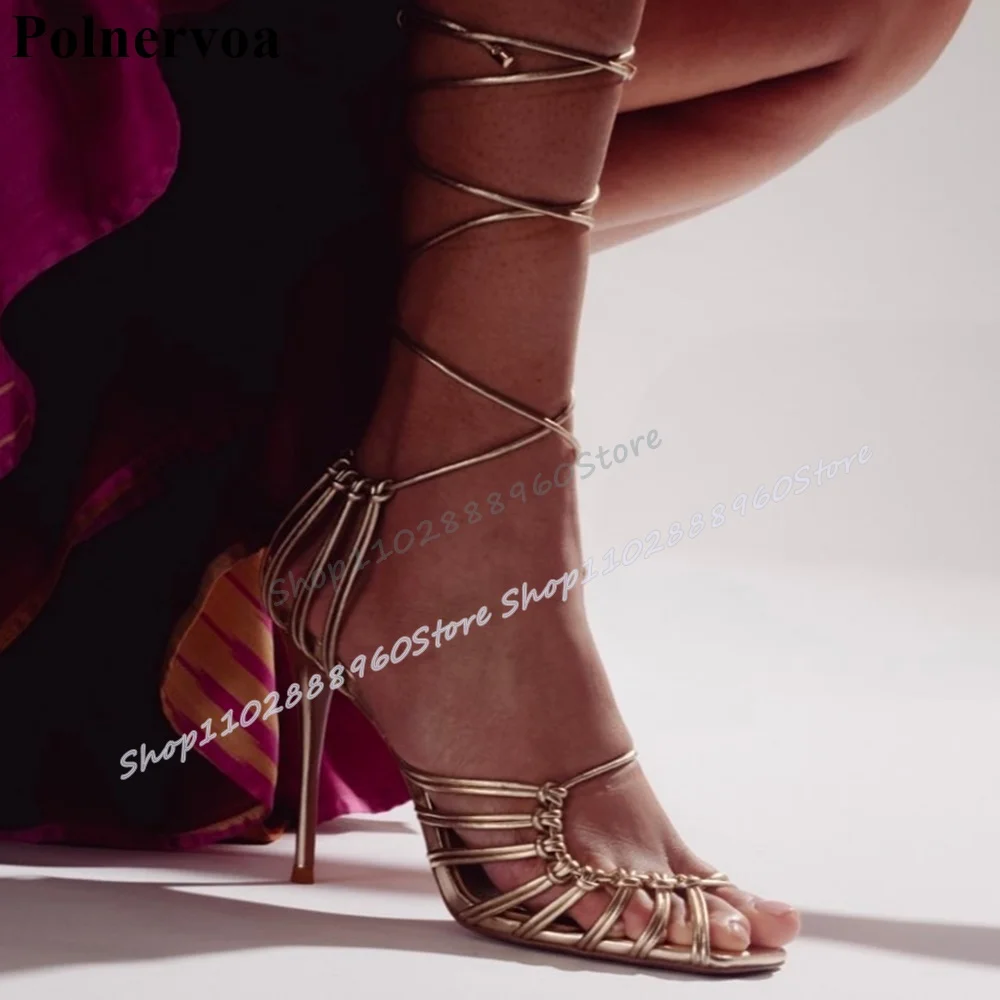 

Gold Metallic Woven Strip Sandals Stilettos High Heel Shoes For Women Lace Up Peep Toe Luxury Gorgeous Party Women Sandals