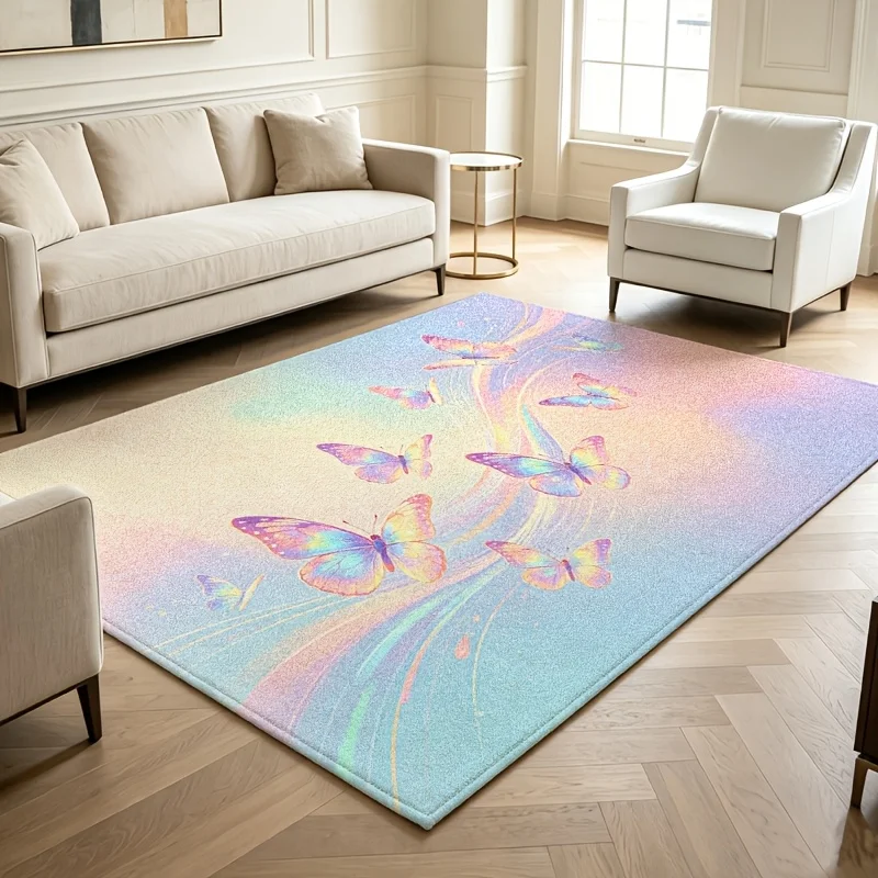 Holographic Butterfly Print Area Rug Pastel Rainbow Gradient Decor Rug for Living Room Bedroom Aesthetic Interior Decoration