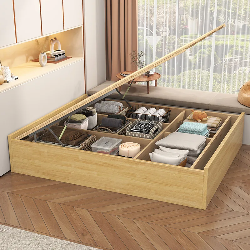 Cama de madeira maciça, caixa sem cabeceira, gaveta lateral aberta