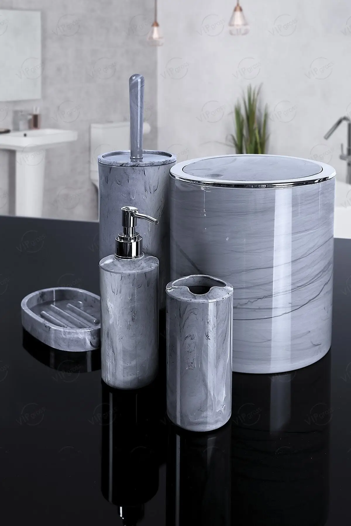 Luxury Bathroom Accessory Set Marble Patterned Glossy 5 Pieces Toothbrush Holder Soap Holder Brush Liquid Soap Holder Trash Bin