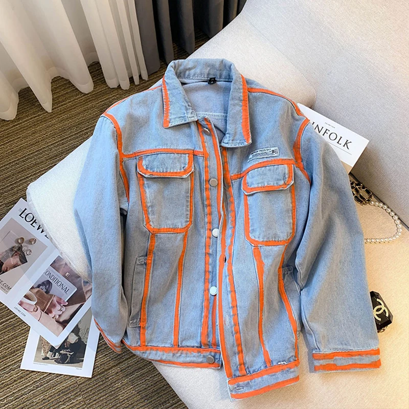 

Tie Dye Graffiti Denim Jacket Women's Autumn Winter New Large Size Design Short Style Casual Sweet Style Button up Coat