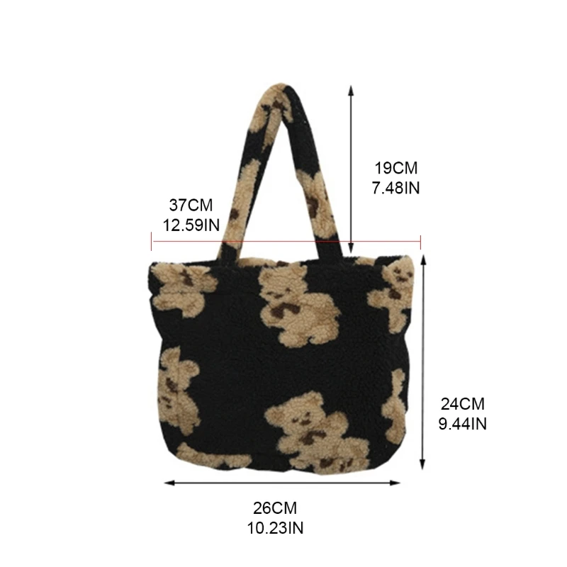 E74B Fashion Winter Imitation Lamb Hair Shoulder Bag Women Cartoon Bear Plush Handbags Casual Shopper Bag Women for Totes Gif