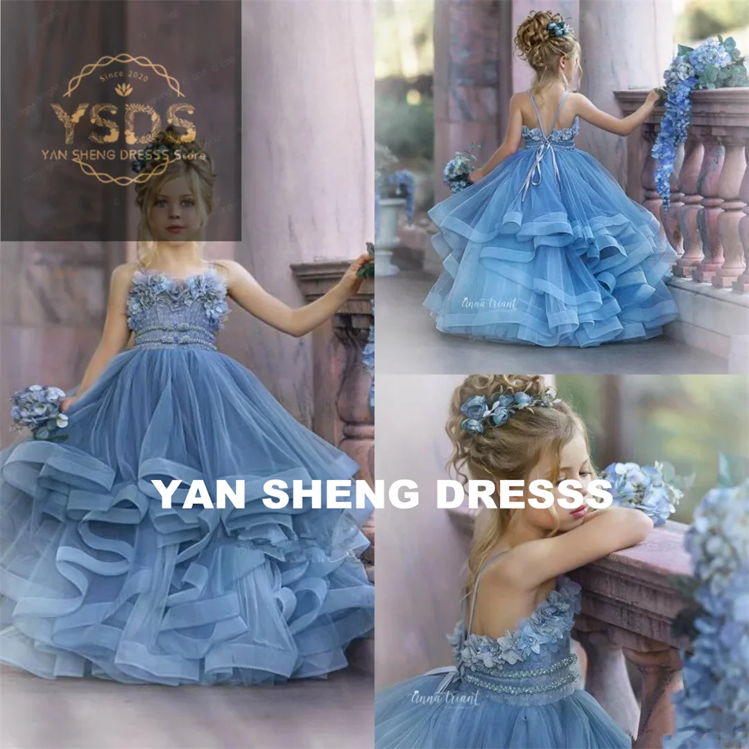 

Customized Flower Girl Dresses Dusty Blue For Wedding Lace Floral Appliques Tiered Skirts Girls Pageant Dress Kids Birthday Gown