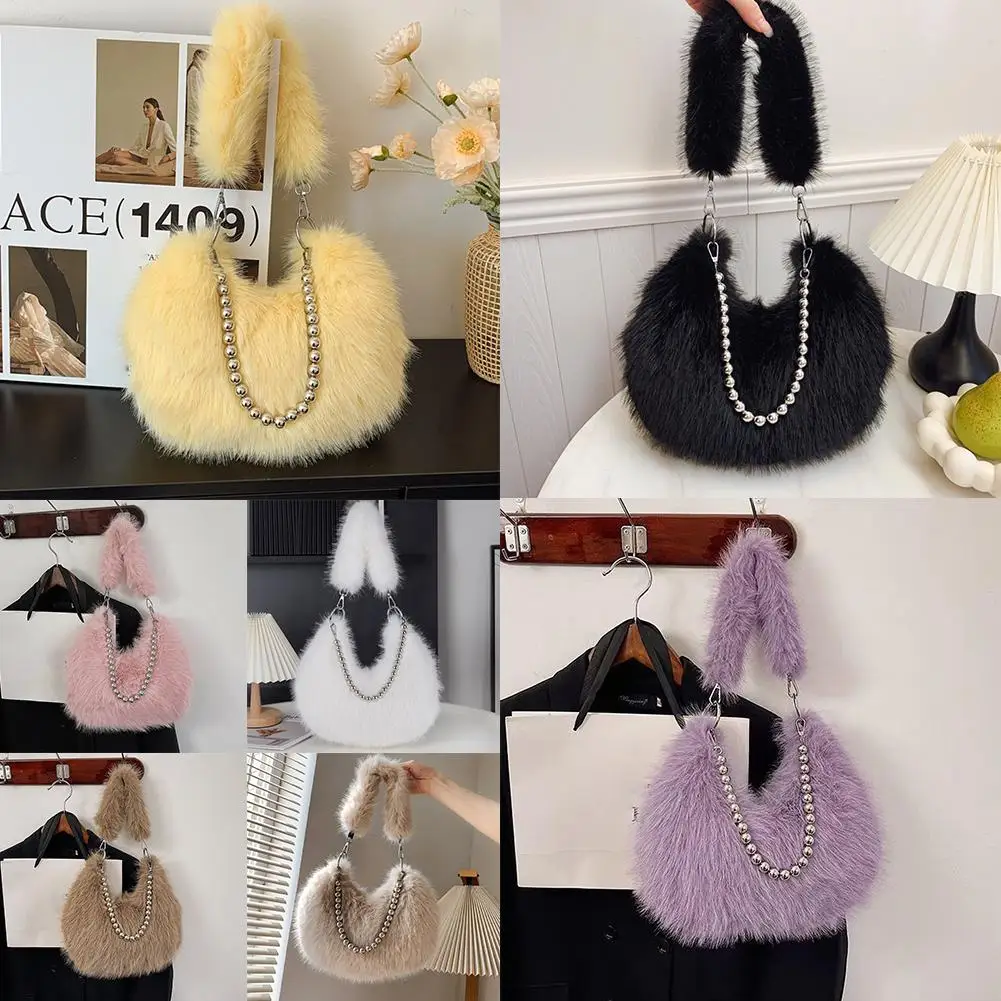 Kadın Kabarık Omuz Çantaları Kadın Kış Zincir Koltukaltı Inci Kolu Çanta Crossbody Düz Renk Çanta Bayan Çanta Femal Y4o9