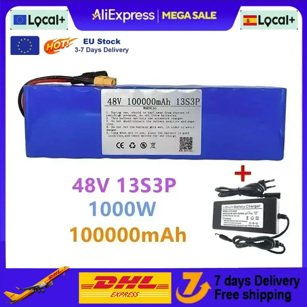 Nuova batteria agli ioni di litio originale 48V 100Ah 1000W 13S3P 100000mAh 54.6V per scooter elettrico con BMS + caricabatterie