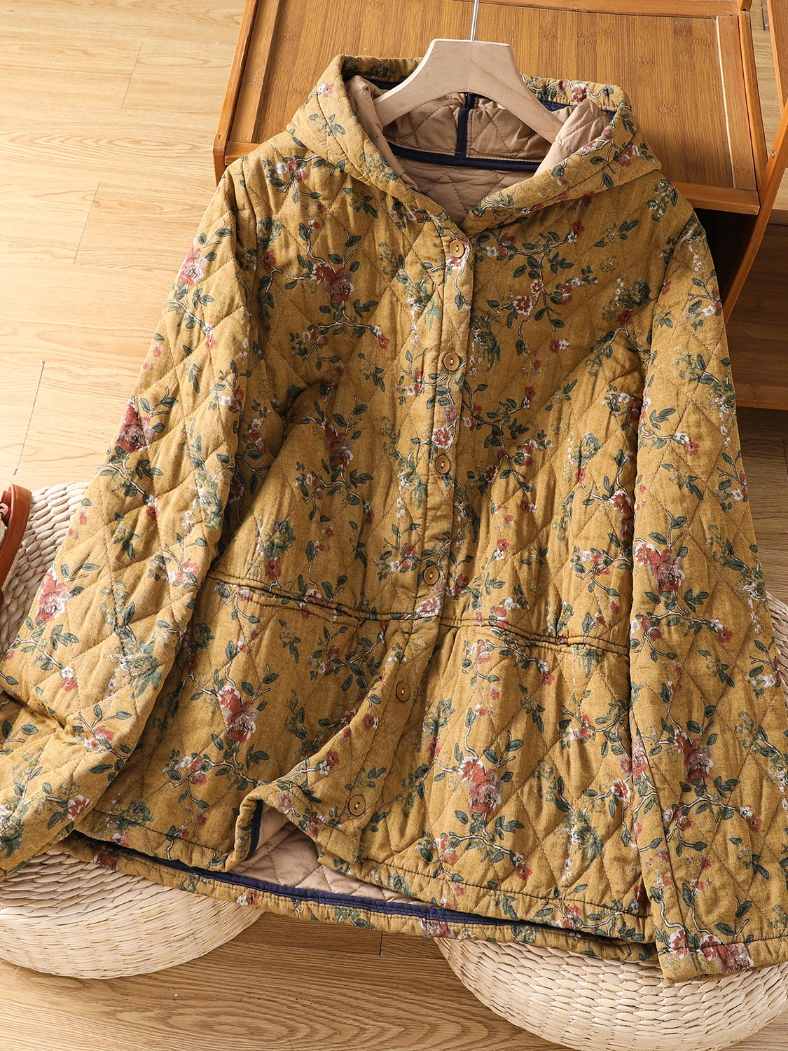 

Хлопковое джато с цветочным принтом в стиле ретро, женское зимнее пальто свободного покроя с капюшоном, длинная теплая хлопковая верхняя одежда для поездок на работу