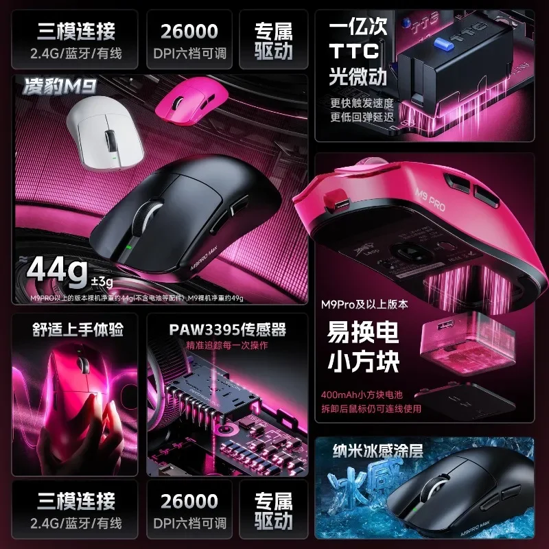 Lingbao M9 Pro Max Wireless Gaming Mouse Dual 8K  Bluetooth 3Mode Mouse 44g Lightweight PAW3395 Ergonomics Esports PC Accessory