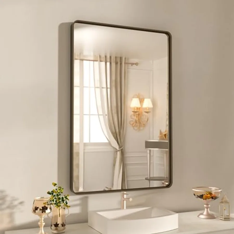 

20x30 Inch Bathroom Mirror for Vanity, Brushed Metal Frame Mirror for Wall, Rounded Rectangle Frame Mirror with Tempered Glass,