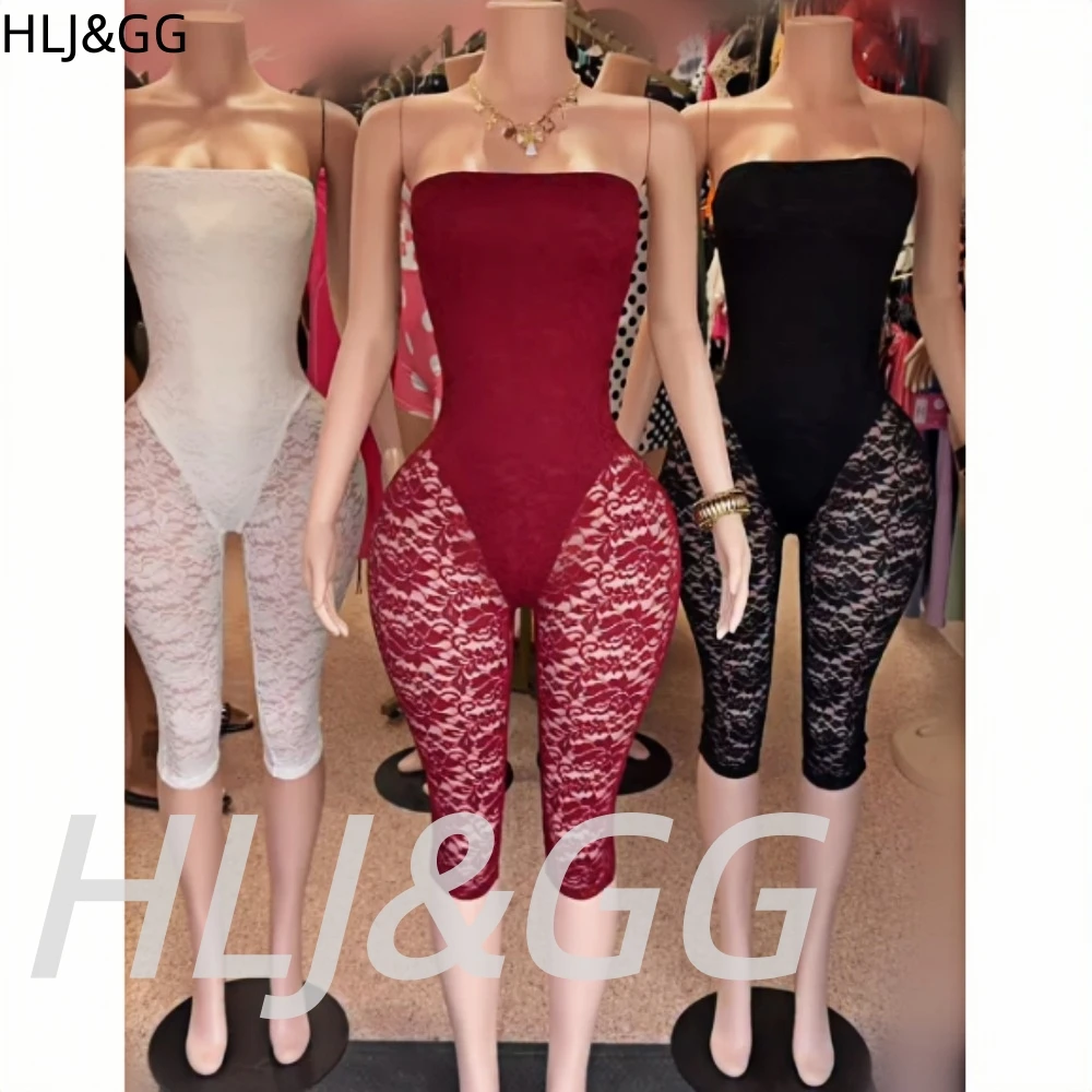 HLJ Sexy Lace See Through Bodycon Jumpsuit  Women Floral Pattern Patchwork Sleeveless Backless Romper Night Club Overalls New