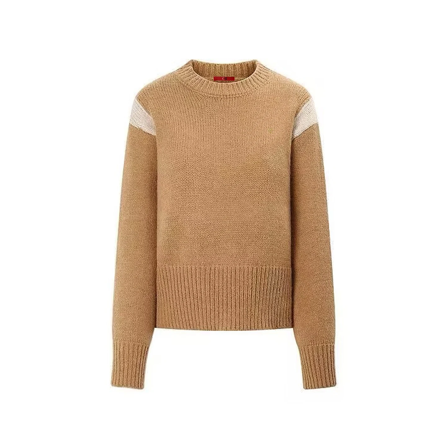 CH Crew Neck Knit Pullover Black Grey Shoulder Color Block Long Sleeve Ribbed Cuff Hem Tiny Embroidered Logo Casual Sweater