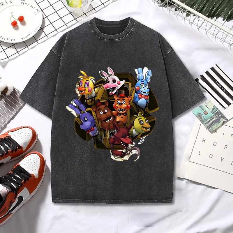 Fnafs Adult T-shirt Fashion Washed Denim Fabric Five Nights At Freddyes Cartoon Short Sleeve Toddler Summer Outdoor Wear Gifts