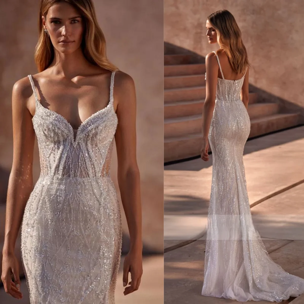 현대 섹시한 서스펜더 인어 웨딩 드레스 민소매 연인 신부 드레스 광택 레이스 줄무늬 맞춤 웨딩 드레스