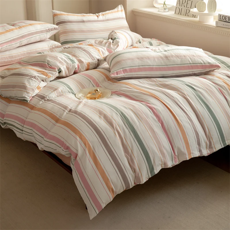 

Striped Duvet Cover Set Queen 100% Washed Cotton Bedding Set, Luxury Soft Pink Vertical Ticking Stripes Comforter Cover, (3pcs)