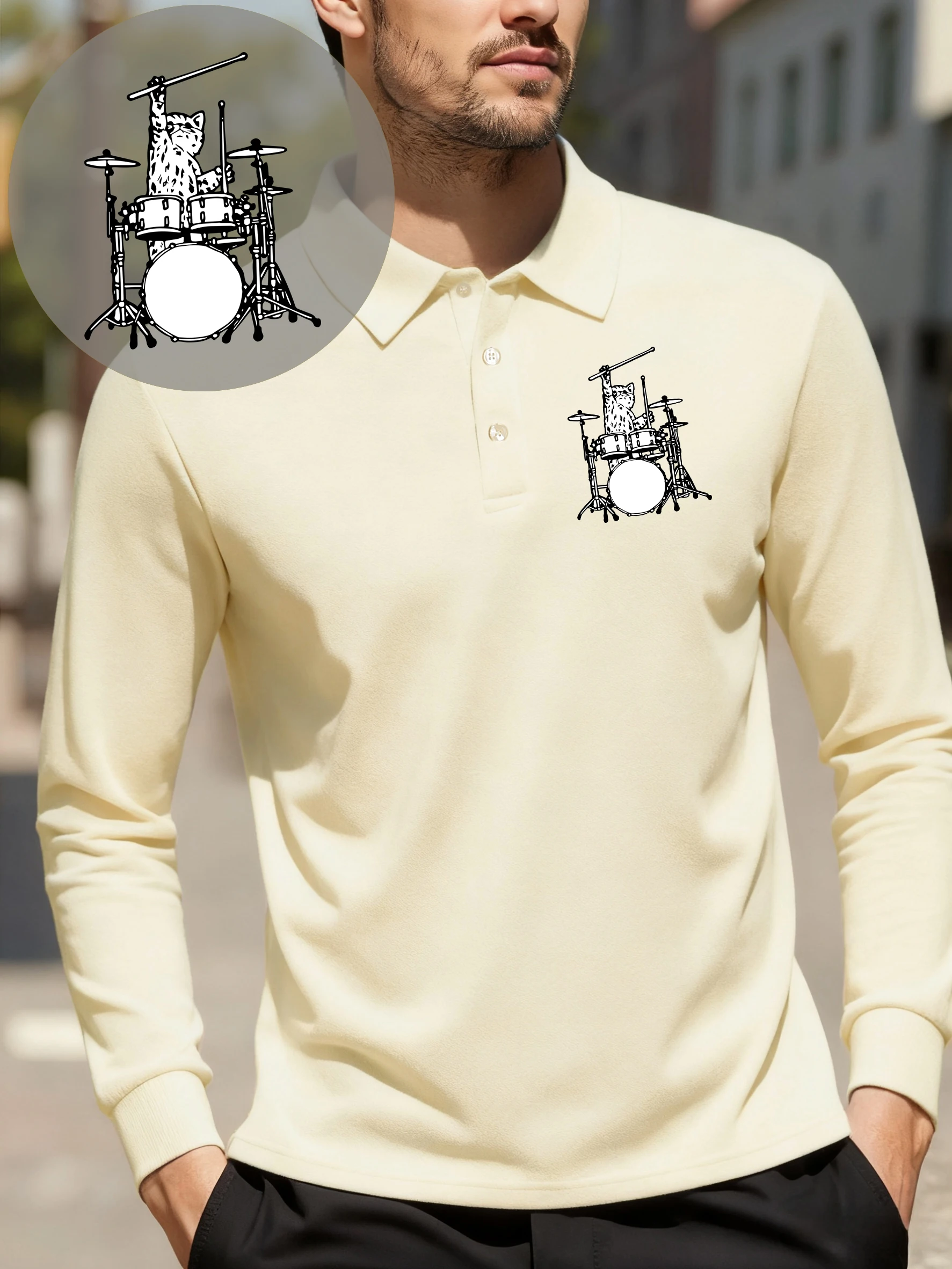 

Drum Music Cat Printing Mens Polo Shirts All-Match Business Clothes Fleece Lapel T Shirt Autumn Hip Hop Unisex Sportswear