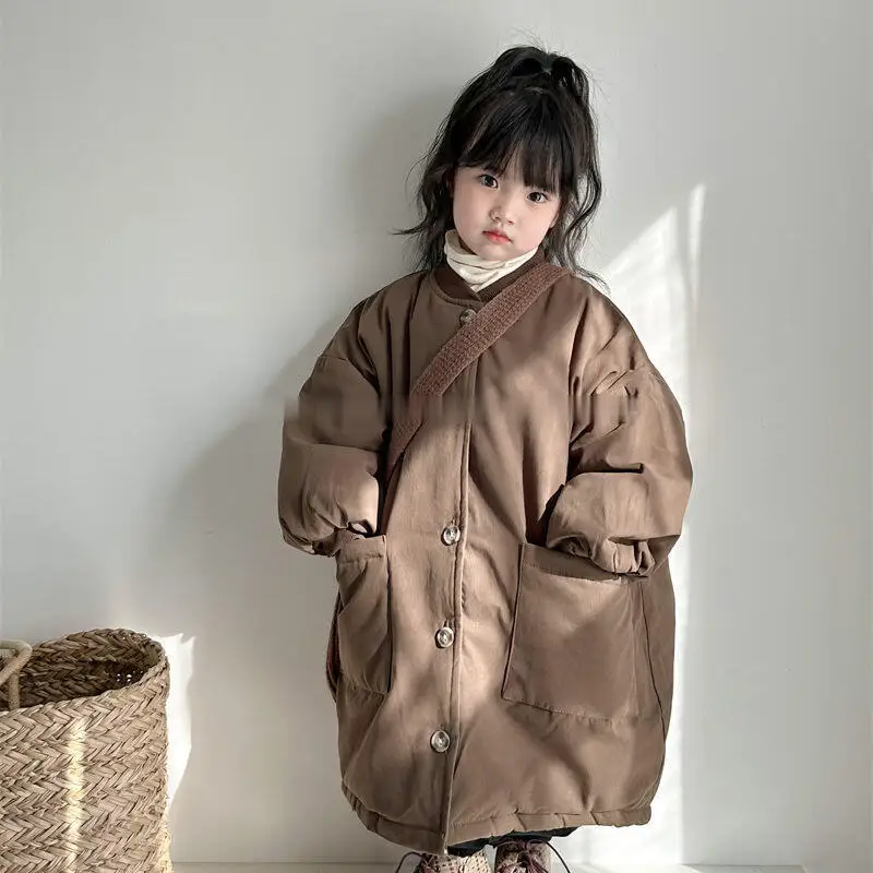

Autumn Winter Girls Long Cotton-Padded Coat Kids Cotton Padded Jacket Outerwear Warm Thicken Loungewear Kids Clothes Outwear
