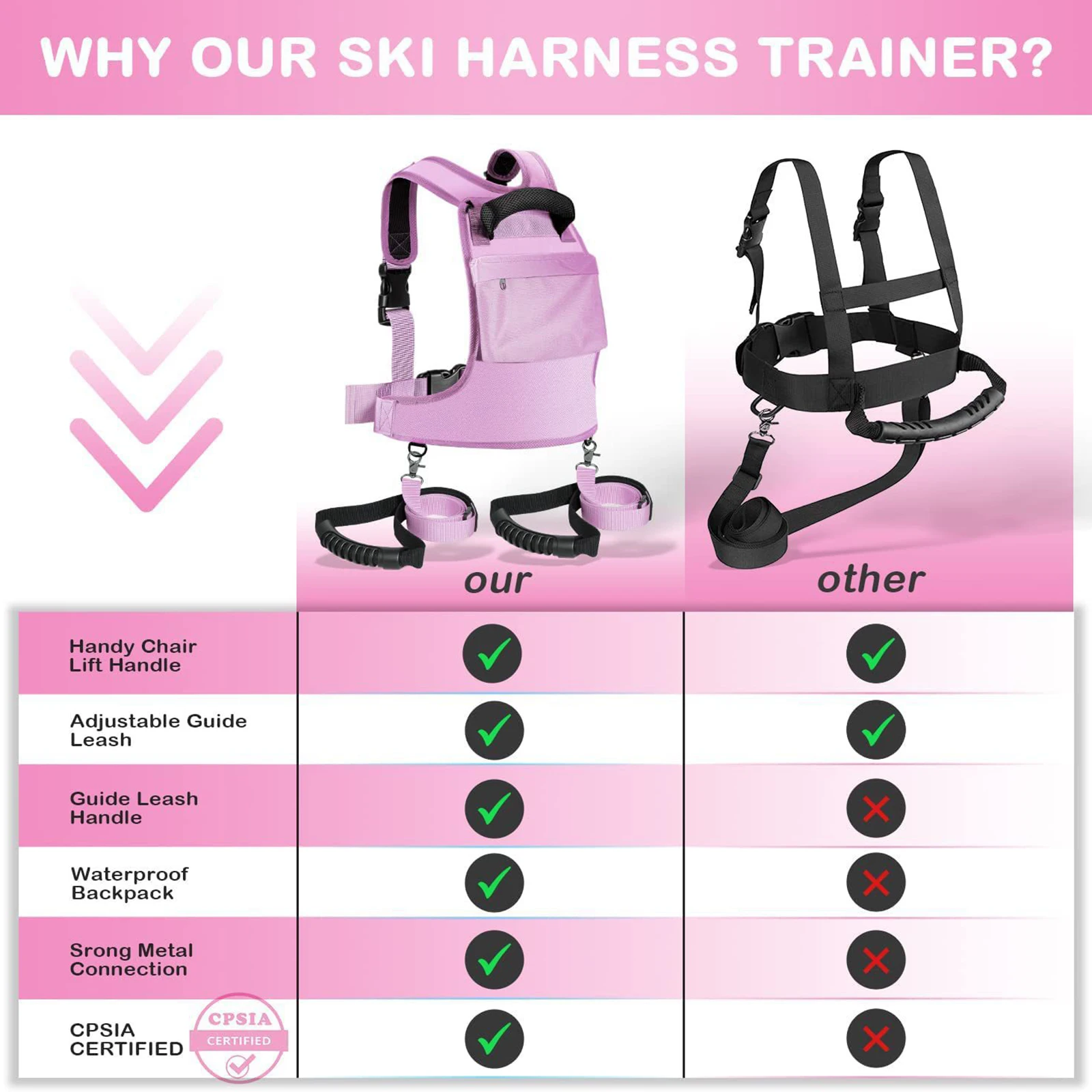 Kids Ski and Snowboard Harness Trainer Adjustable Shoulder Strap Ski Training with Handle Ski Shoulder Harness for Skateboarding