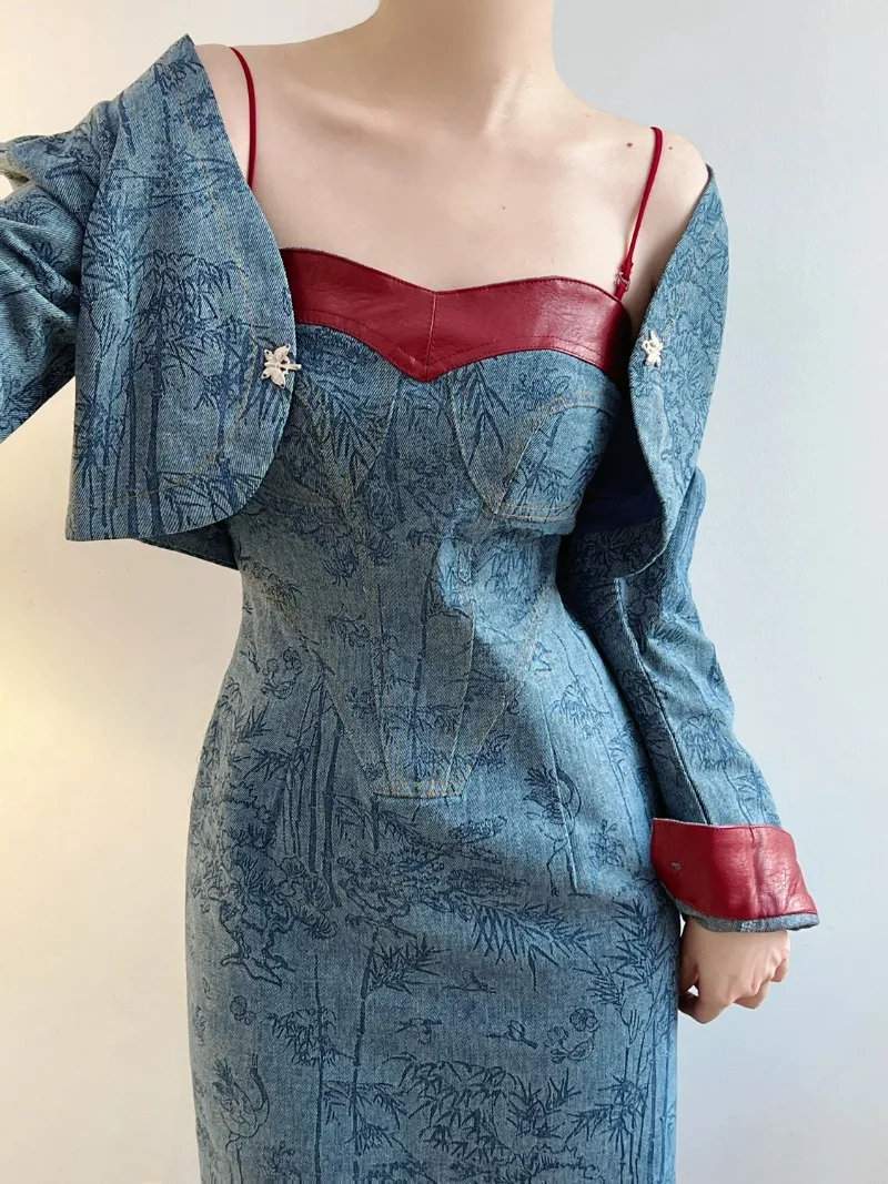 MiiiiX Chinese Style Jacquard Short Denim Jacket Strap Long Dress Spliced Dress Sets 2024 Autumn Elegant Women's Two-piece Set