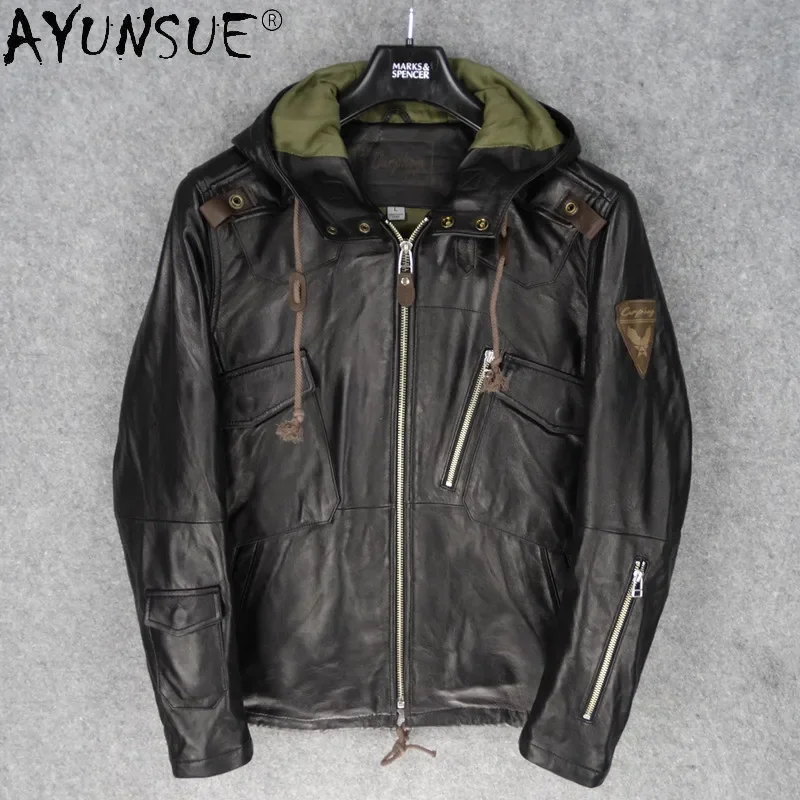 AYUNSUE Men Clothing Autumn Coat Male 5XL Hooded Clothes Real Sheepskin Leather Jacket Men's Windbreaker Hommes Veste LXR511