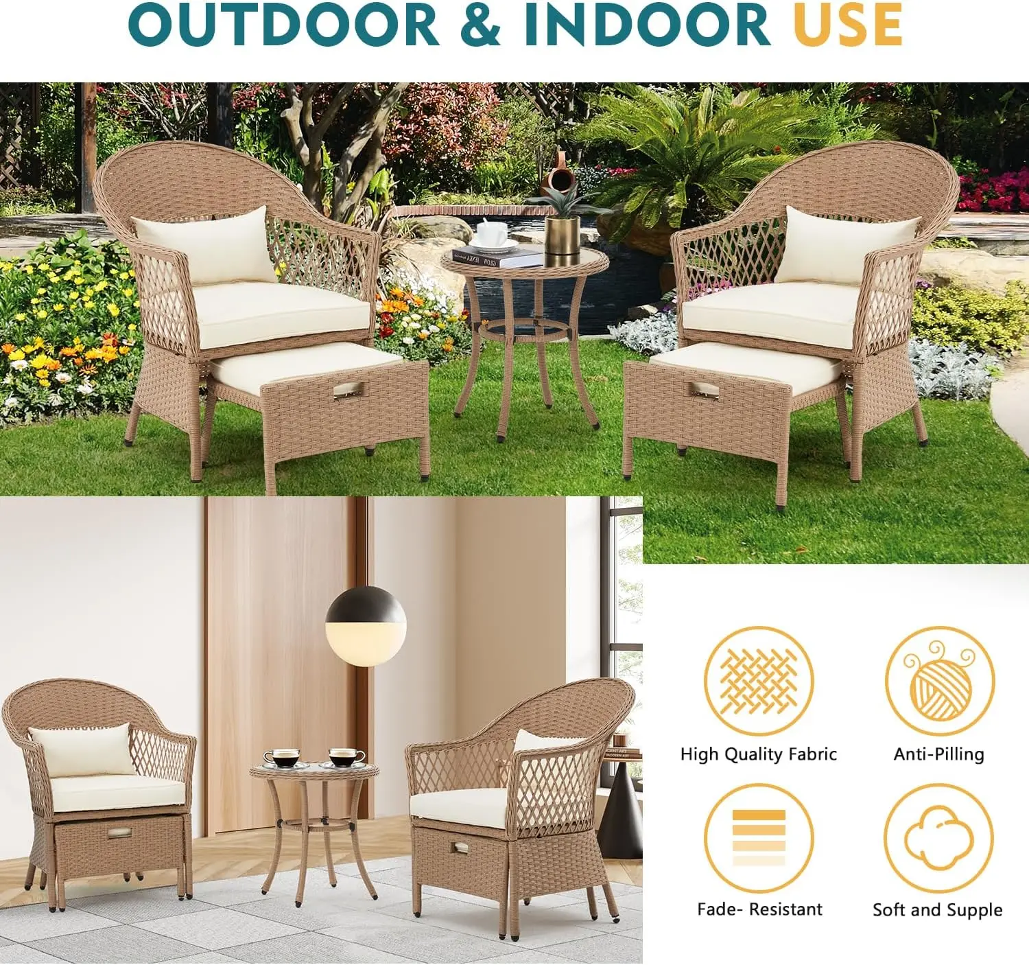 5Pcc Patio Set, Outdoor Rattan Chairs with Round Glass Coffee Table, Ottomans & Soft Cushions, Wicker Conversation Bistro Set