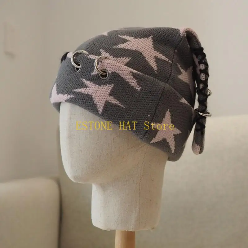 49MF Lovely Bunnies Ear Knitted Hat Star Pattern Winter Hat Outdoor Softable Warm Hat