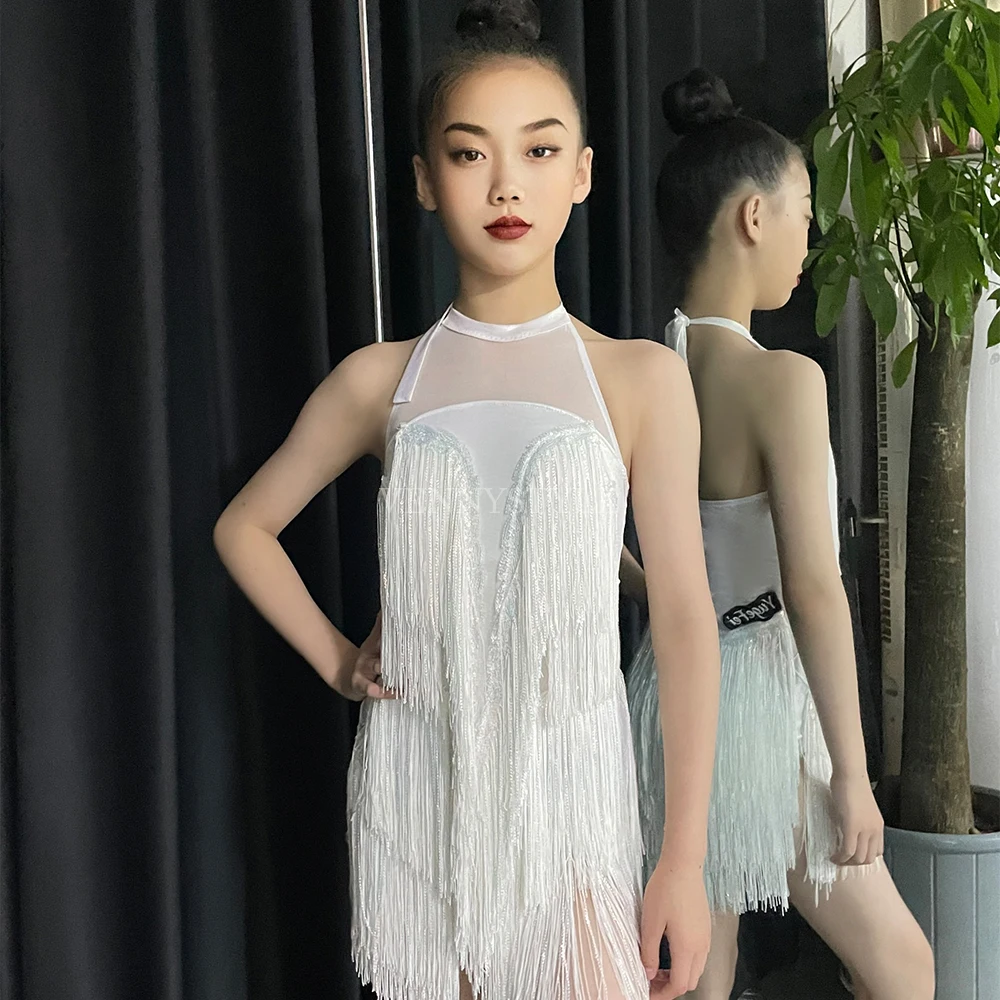 

Vennystyle Latin dance costume girls white sequin fringe sleeveless bodysuit summer performance practice outfit
