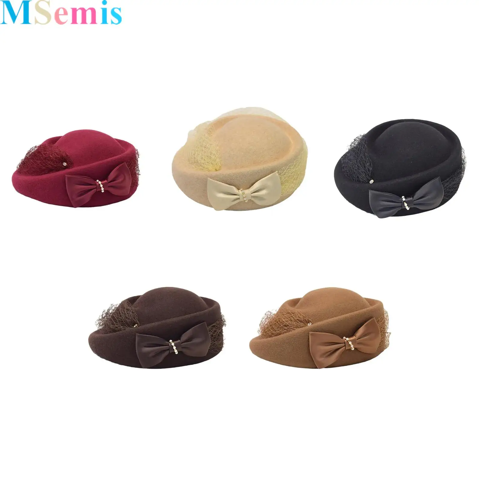 

1Pcs Bow-Tie Wool Felt Pillbox Hat Adorned with False Pearls for Women Wedding Church Hat Bowknot Fedoras