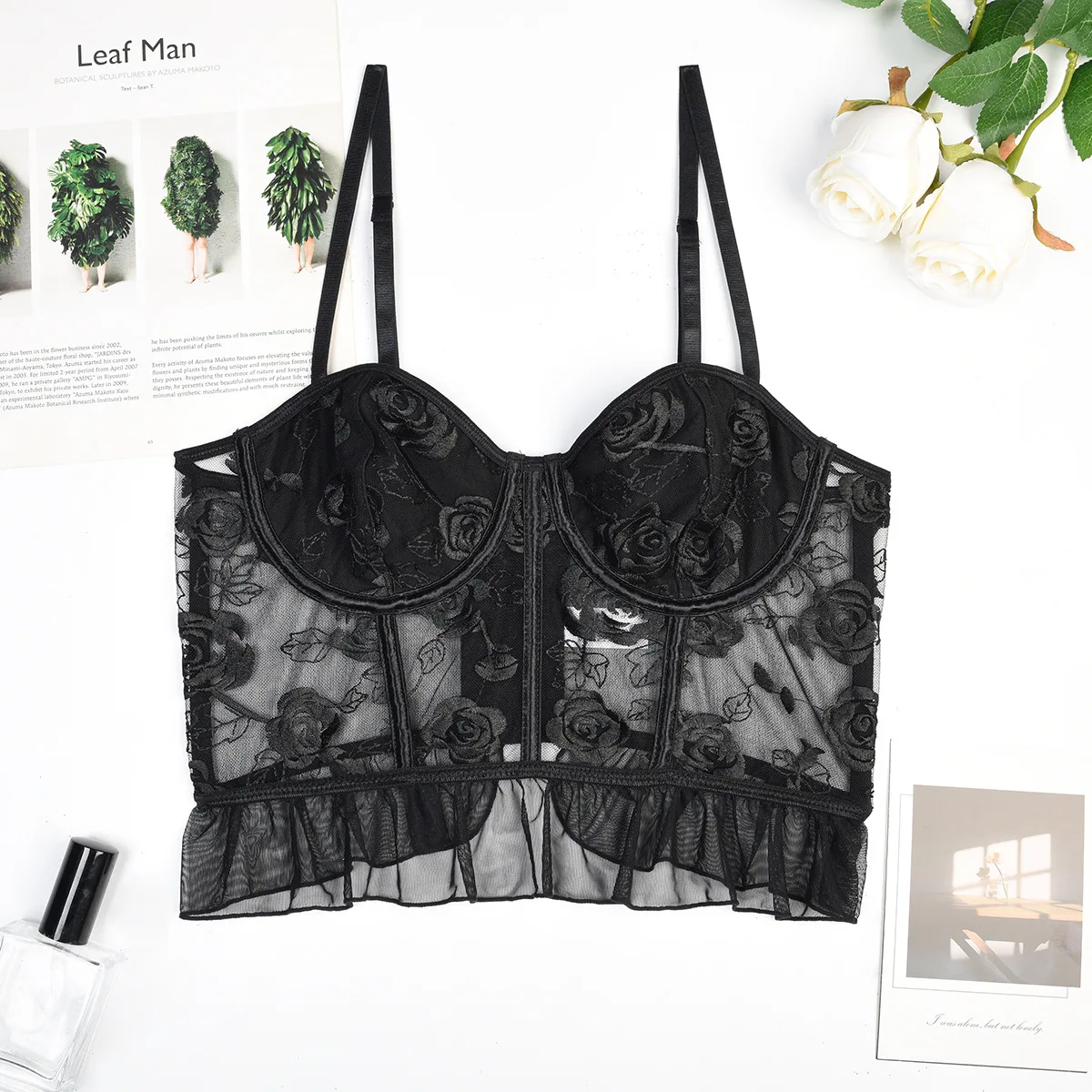 Women Fashion Clothing Embroidery Flower Crop Tops Sexy See Through Mesh Corset Hollow Sleeveless Halter Cami Lingerie Tank Top