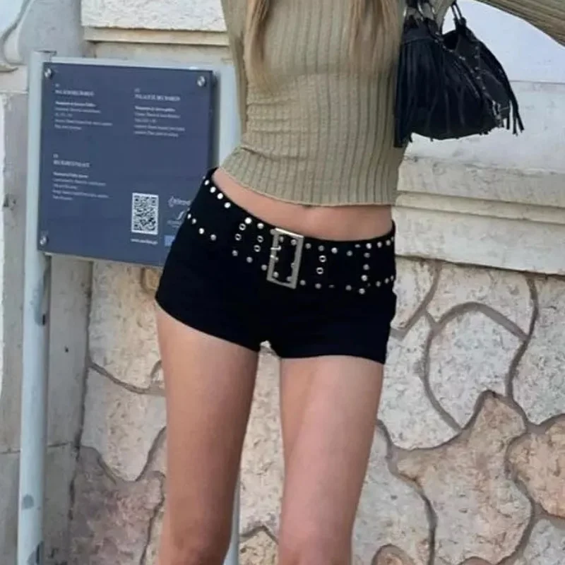 Mulheres cravejadas mini shorts y2k cintura baixa fino ajuste denim micro shorts punk cinto micro bottoms vintage festa clubwear