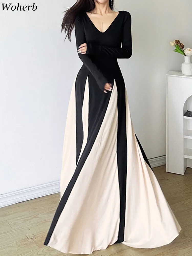 Party Dress for Women Contrast Color Patchwork Slim Waist Long Robe Elegant Femme Vestidos De Mujer Vintage V Neck Maxi Dresses