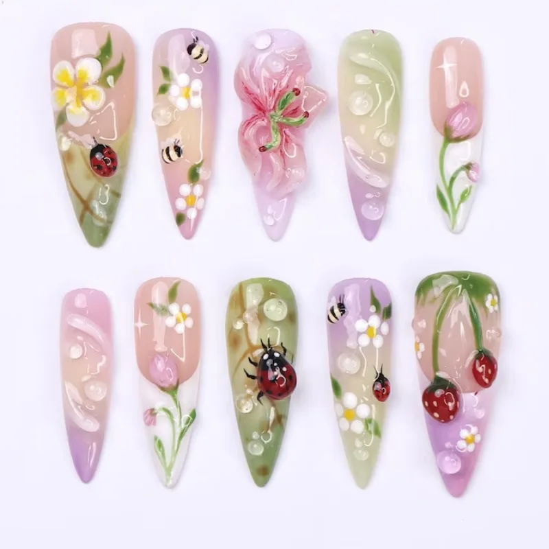 

24PCS Almond Press on Nails 3D Floral Insect Design Cherry Berry Gradient False Nails Dew Texture Reusable Whimsical Manicure