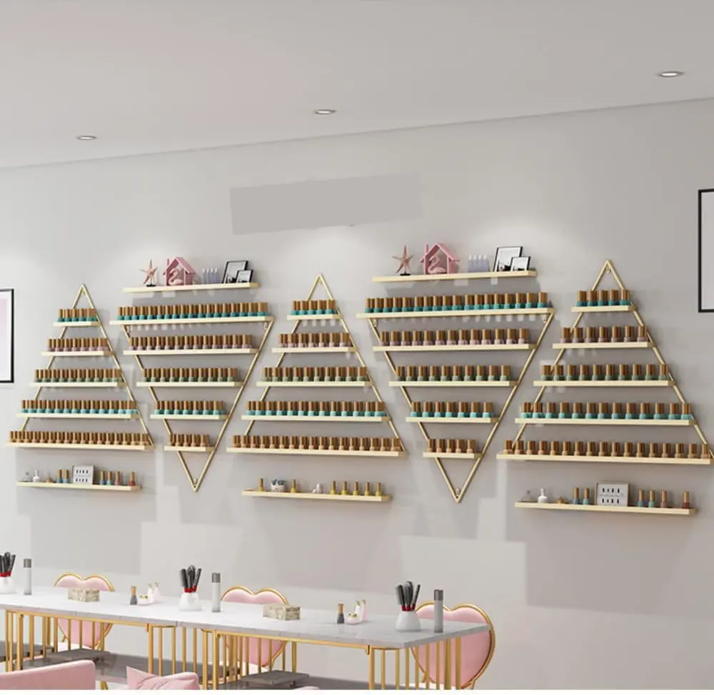 

Set of 10 Golden Triangular Wall Mount Shelves,Elegant Nail Polish Storage Display Rack,Salon Organizer for Essential Oil Bottle