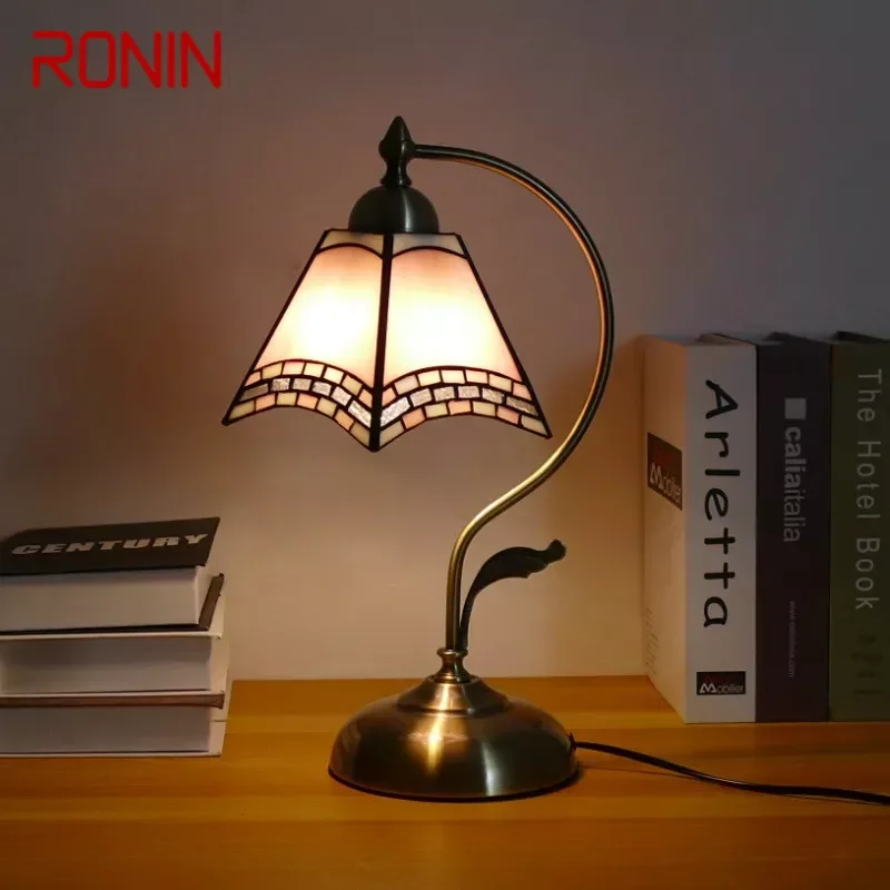 RONIN Mediterranean Sea Table Lamp American Retro Living Room Bedroom Lamp Luxurious Villa Hotel  Stained Glass Desk Lamp