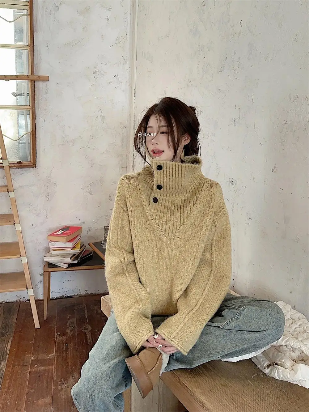 

Korean Chic Autumn New Women Knitted Tops Sweater Lapel Collar Long Sleeve Loose Knitting Pullover Sweaters Clothing Female