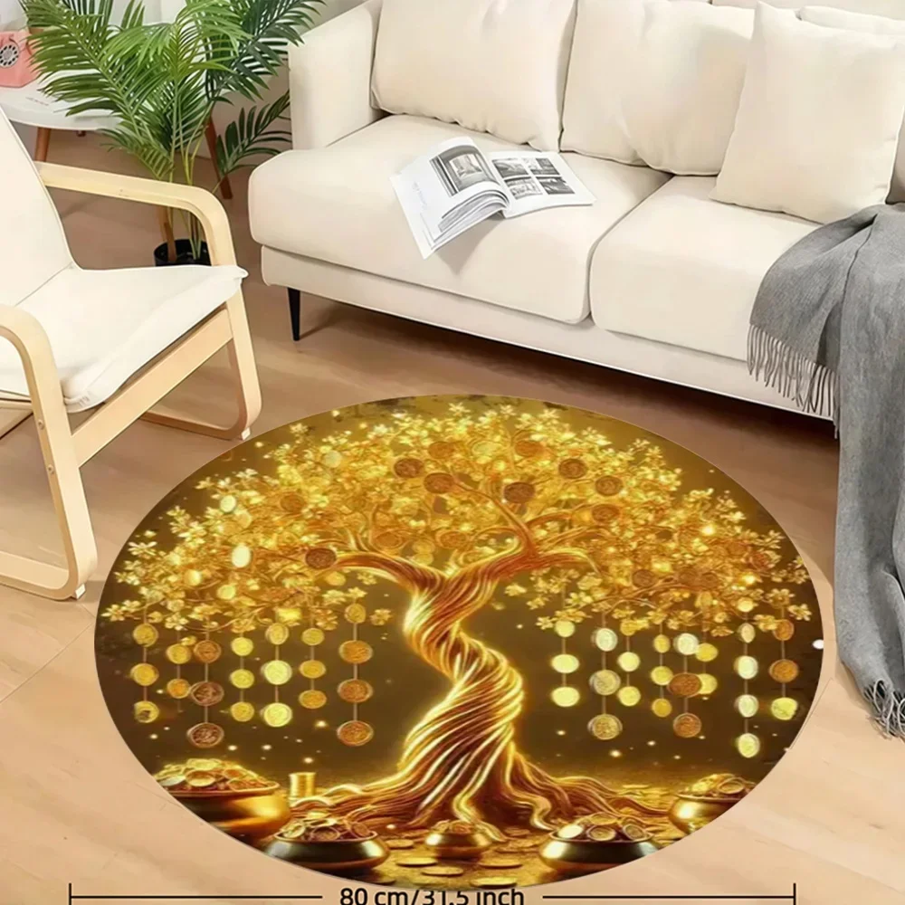 Golden Money Tree Round Rug Flannel Soft Home Decor Wealth Symbolism Lucky Charm Living Room Bedroom Floor Mat