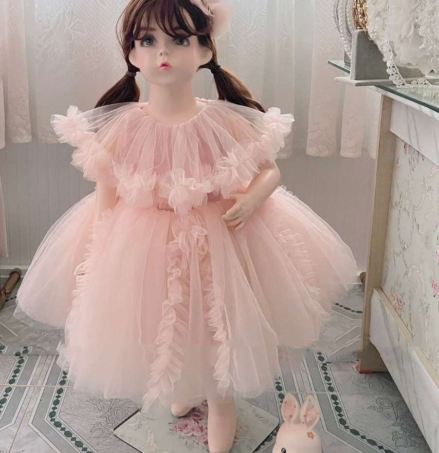 Robe en tulle rose doux pour bébé fille, tenue tutu, fleur de mariage, premier anniversaire, Noël, nouveau, tout-petit, 12m, 24m