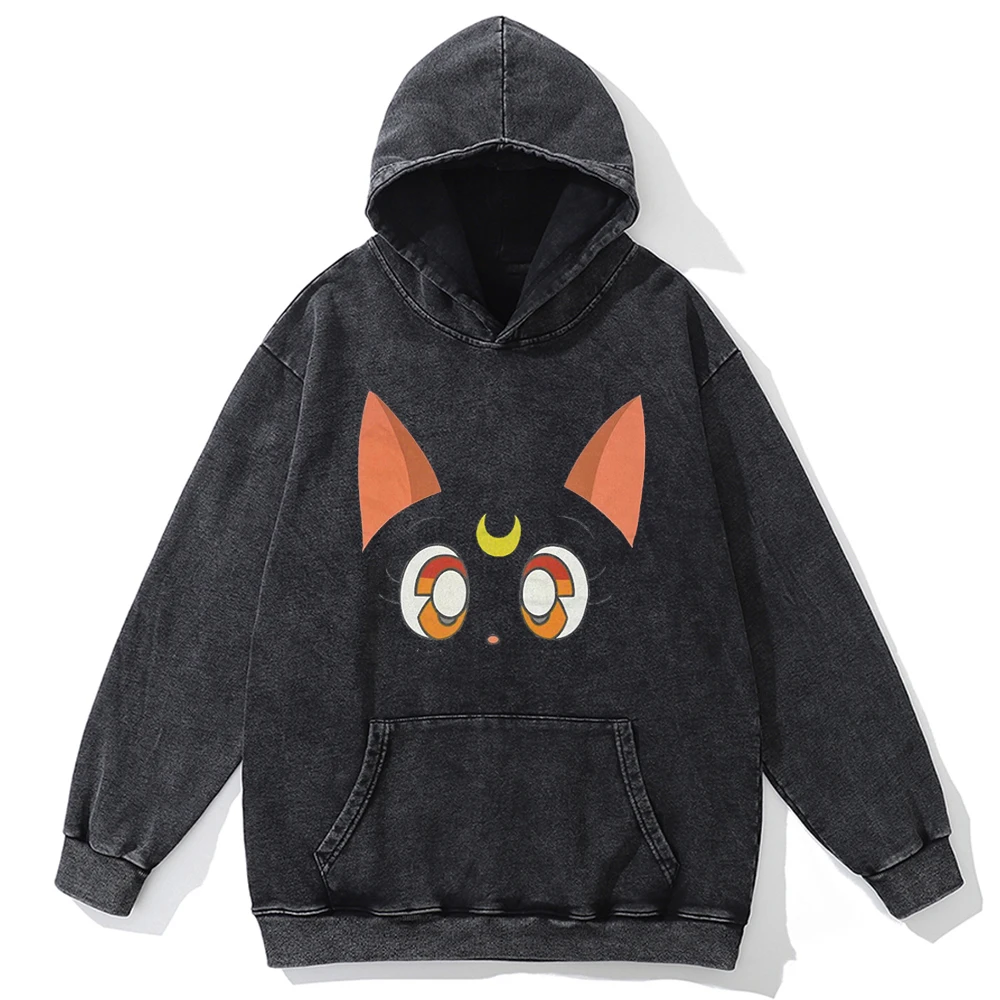 Cotton Harajuku Hoodie Japanese Anime Sailor Moon Printed Pullover Oversize Retro Hip-hop Men Women Washed Hoodies Sweatshirt