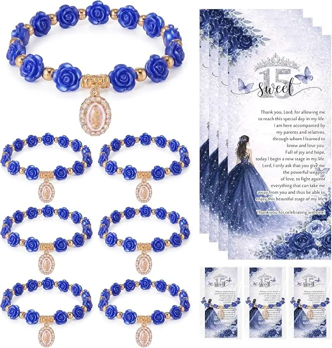 Sweet 15th Rosary Beads Bracelets with Virgin Mary Charm Cards, Sweet 15 Year Birthday Religious Gifts for Guests Party Favor