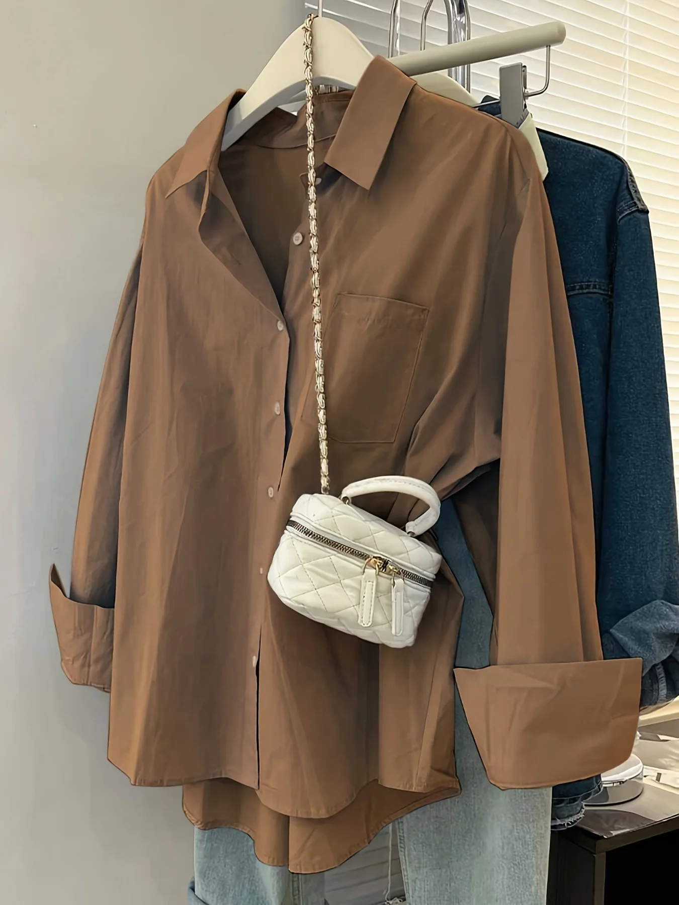 Women's Casual Solid Color Drop Shoulder Loose Shirt, Autumn Long Sleeve Shirt