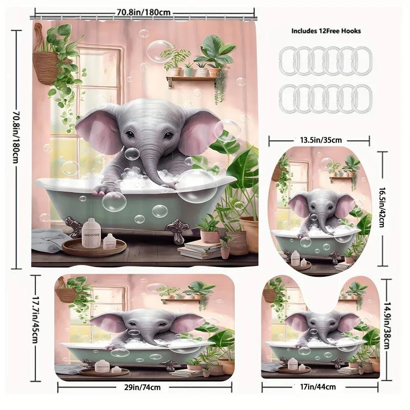 1/3/4pcs Bathtub Elephant Pattern Set, Waterproof Shower Curtain With 12 Hooks, Non-Slip Bath Rug, U-Shape Mat, T