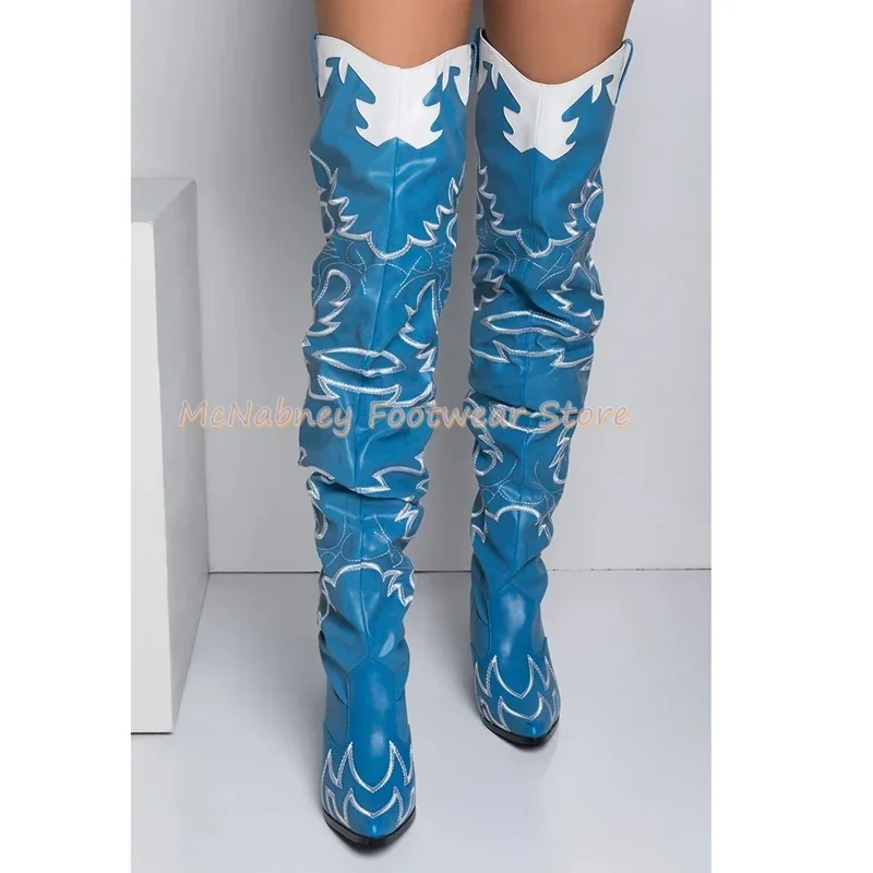 Winter Embroidery Style Retro Western Cowboy Pointed-Toe Boots Small Pointed Head Square-Heeled Over-The-Knee Boots Luxury Style