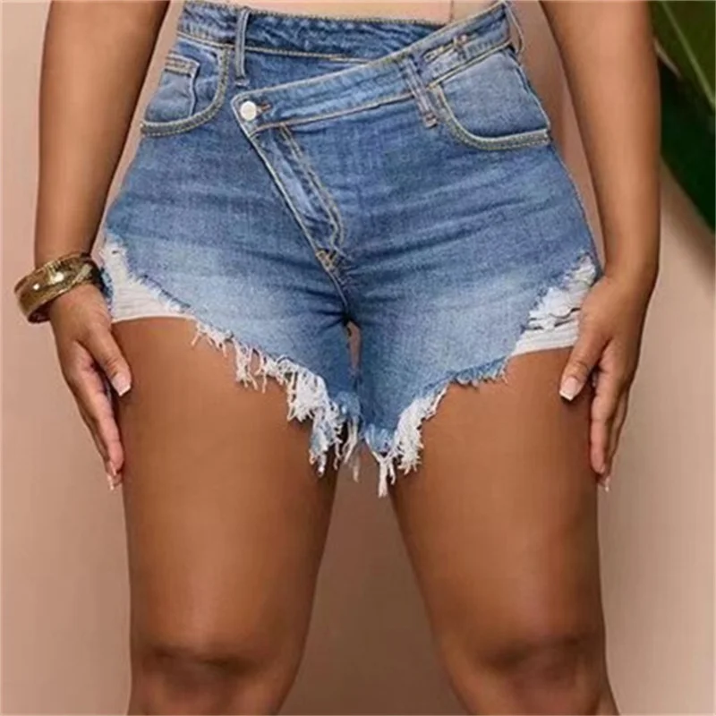 Fashion Slanted Waist Button Splicing Denim Shorts Women Summer Broken Holes Tassel Three Quarter Pants Female Casual Mini Jeans