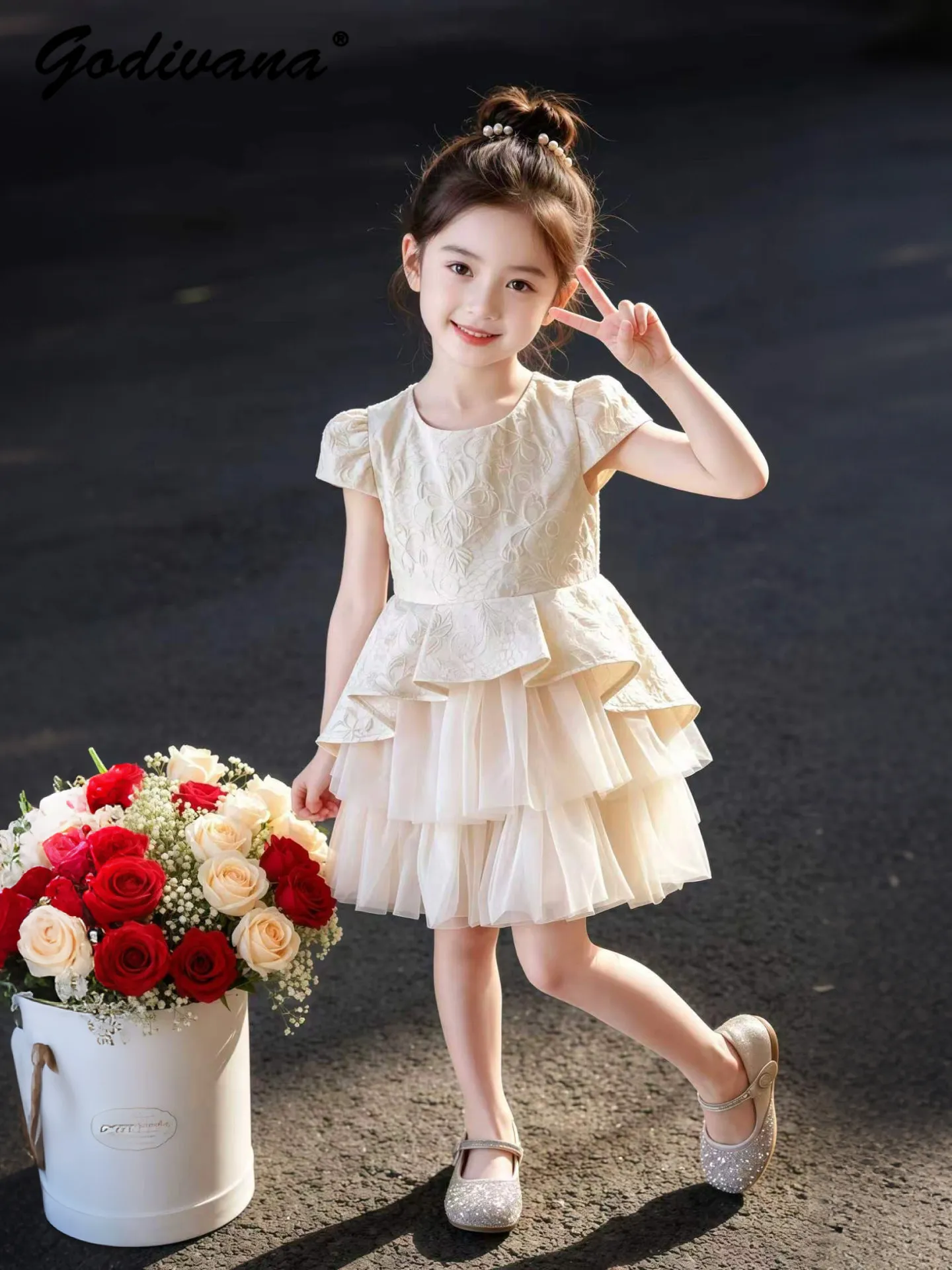 Baby Girls New 2026 Summer French Fashion Patchwork Mesh Birthday Party Dress Childrens High End Embroidery Puff Sleeve Dresses