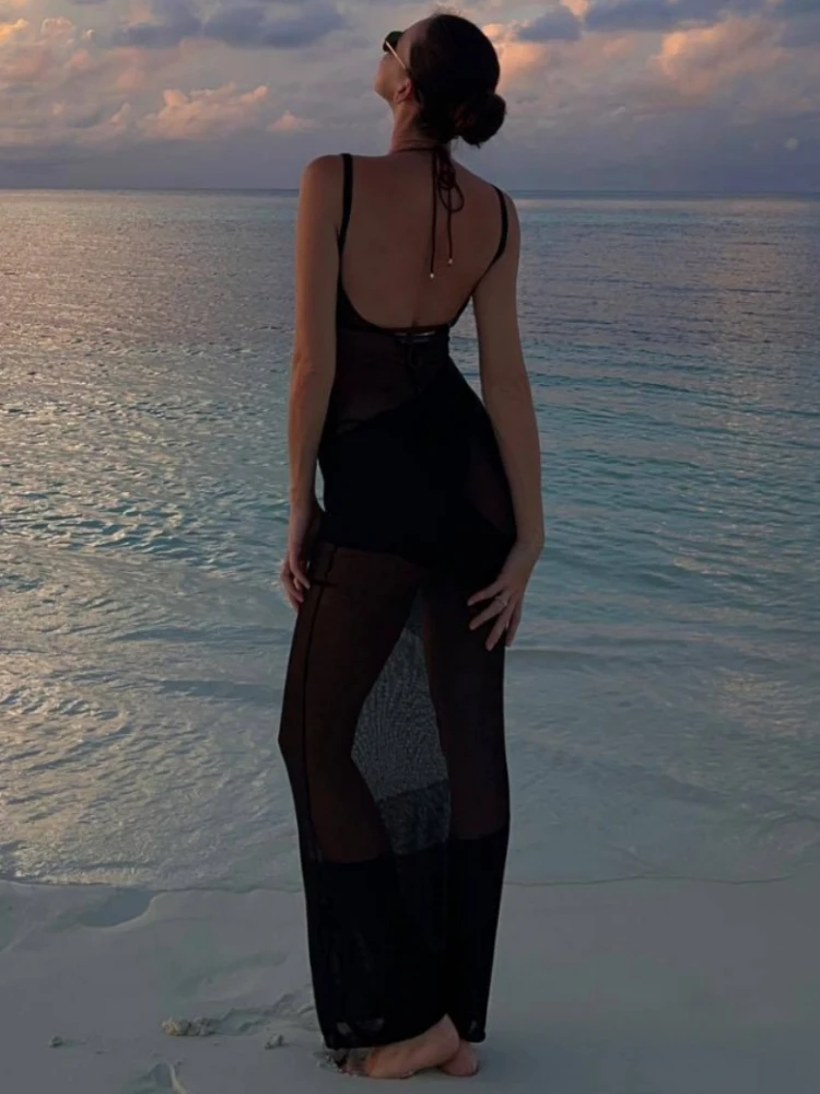 TARUXY-Robe de plage dos nu, sexy, en maille, longue, transparente, slim, élégante