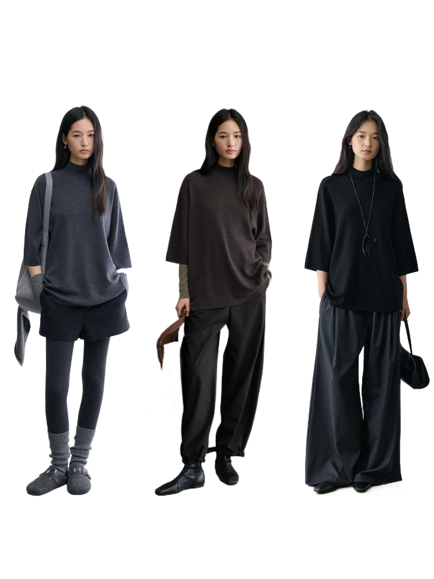16-Needle Siping Dense-woven German Yangzi Shrink-proof Wool Minimalist Loose Outline Semi-turtleneck Wool T-Shirt Women