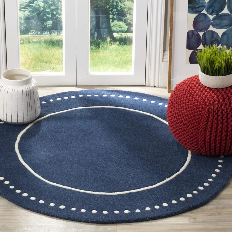 Bella Collection Area Rug - 9' Okrągły, granatowy i kość słoniowa, ręcznie robiona wełna w kropki, idealny do dużych obszarów drogowych w Livin