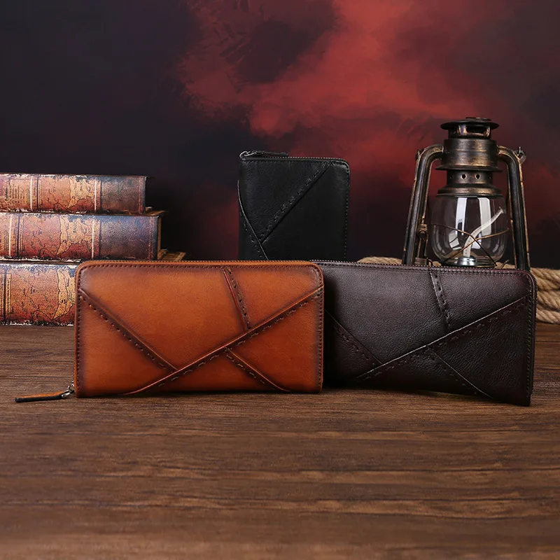 Men's genuine leather spliced high-end men's wallet, large-capacity mobile phone storage, multi-slot business clutch