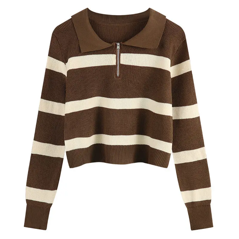 Women's Clothing Polo Collar Striped Knit Pullovers Autumn Short Fashion All-match Zipper Sweaters Office Lady Casual Loose Tops