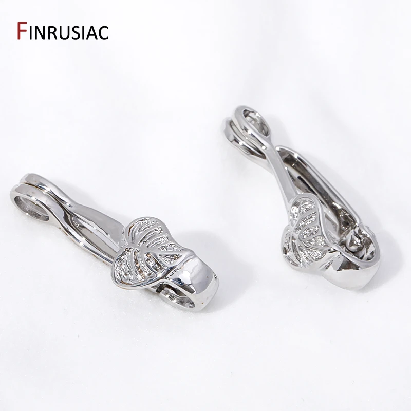 Trendy Rhodium Plated Brass Leaf Pendant Bail Connector,Floral Hinged Necklace Enhancer For DIY Necklace Making Accessories